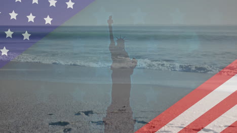 animación de la bandera estadounidense revelando la estatua de la libertad y el mar con la playa