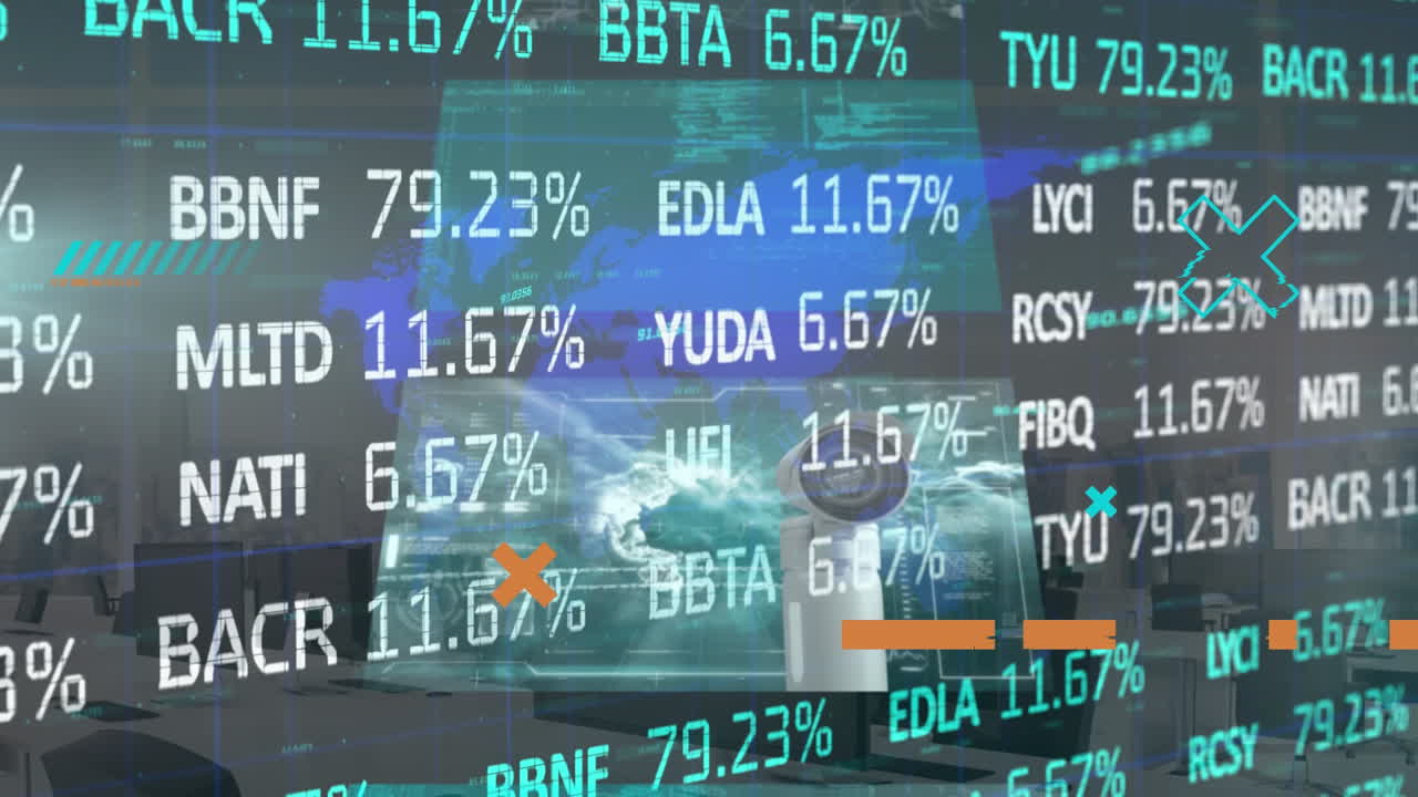 Animation of trading board, multiple infographic interface and map over empty meeting room of office