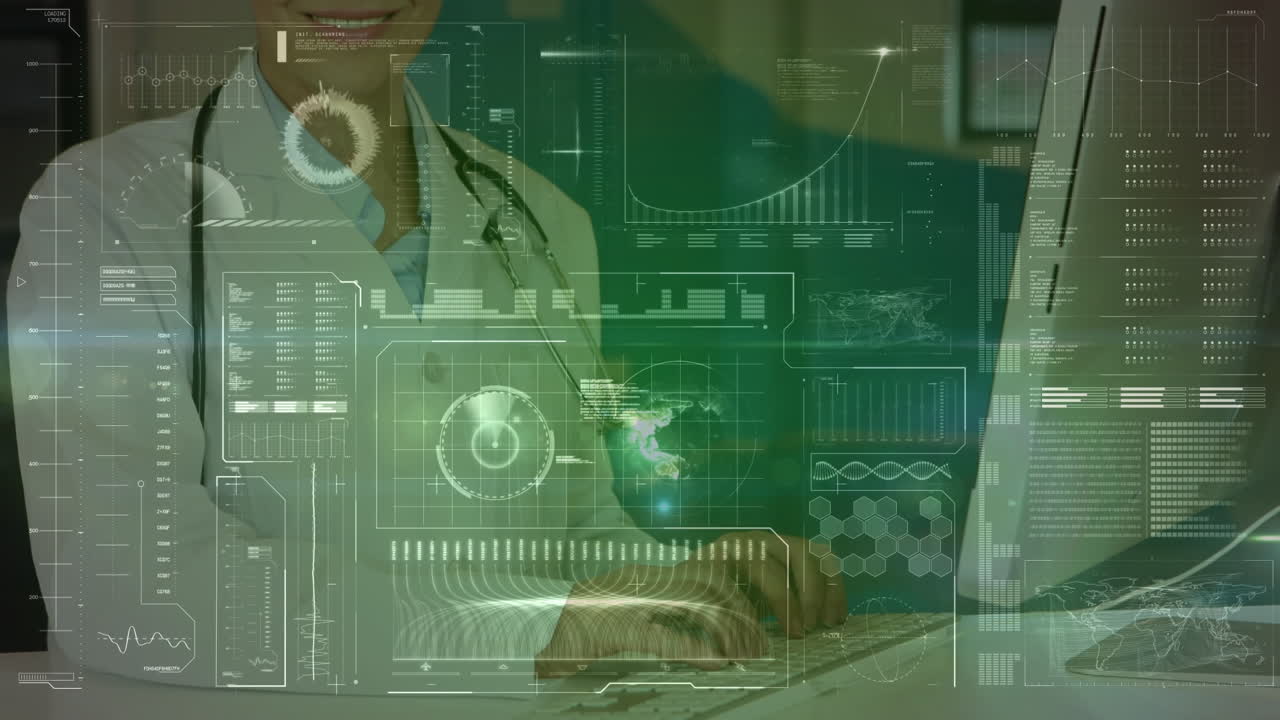 Digital interface with data processing over caucasian female doctor using computer at hospital