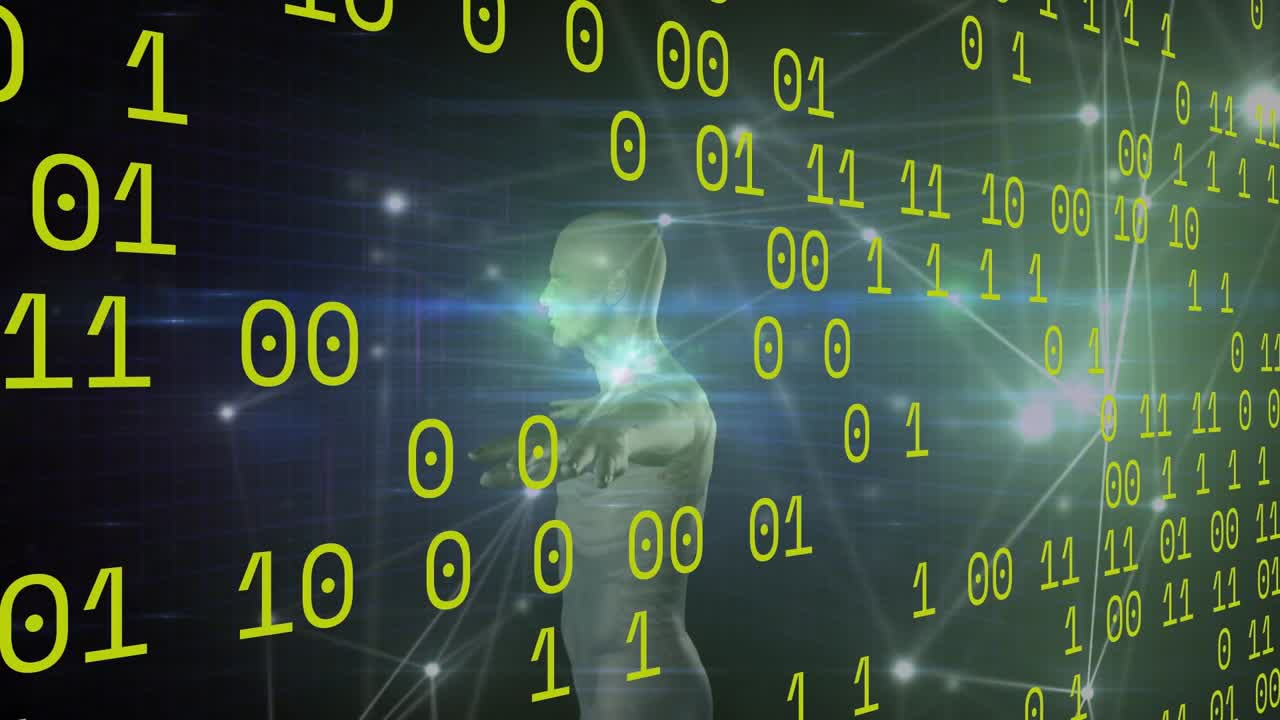 Animation of connections and binary code over human model on black background