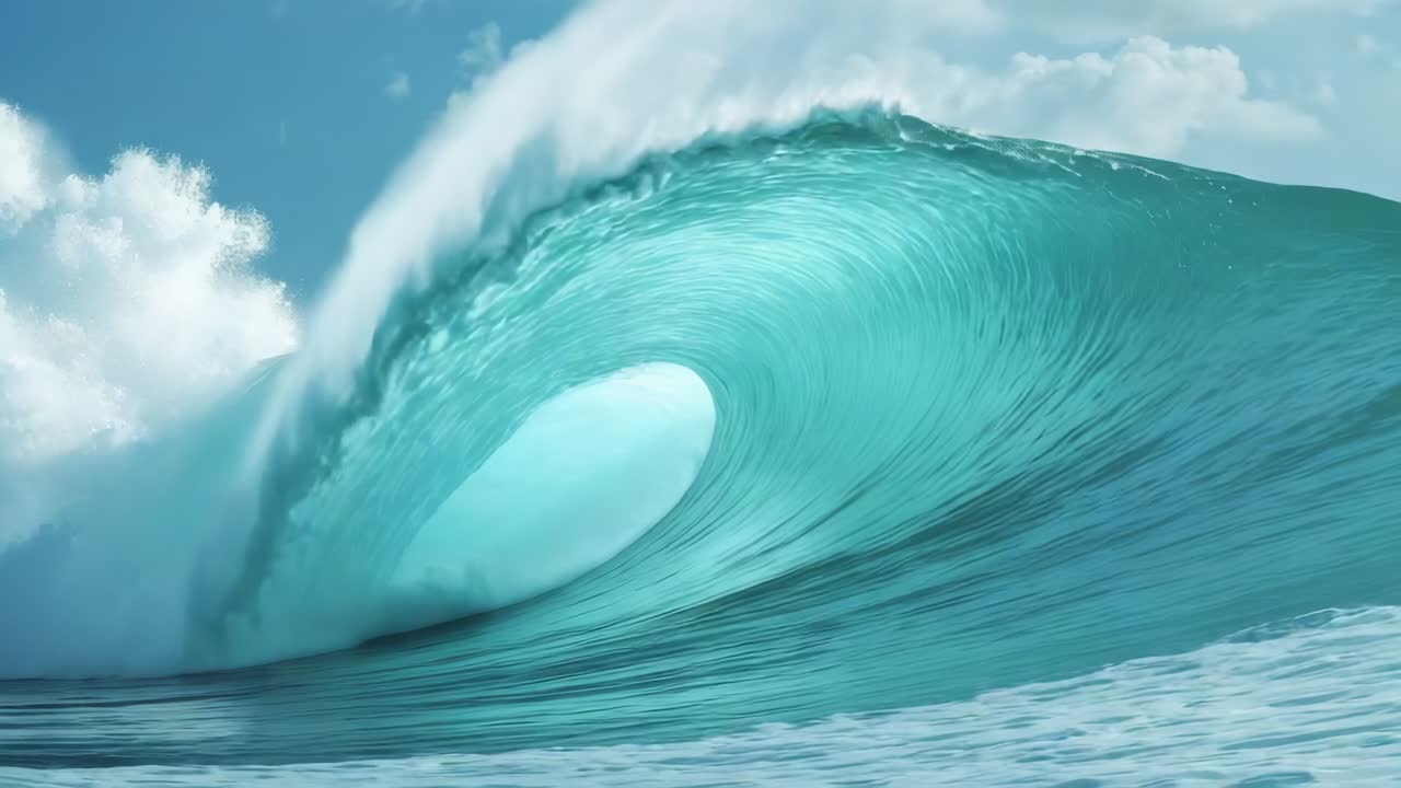 Swell rising under bright blue sky, forming curling turquoise barrel and spraying white foam