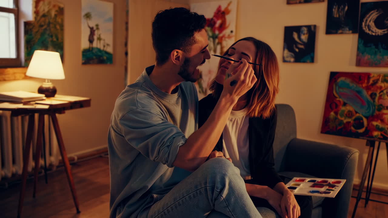 Couple painting each other's faces in an art studio