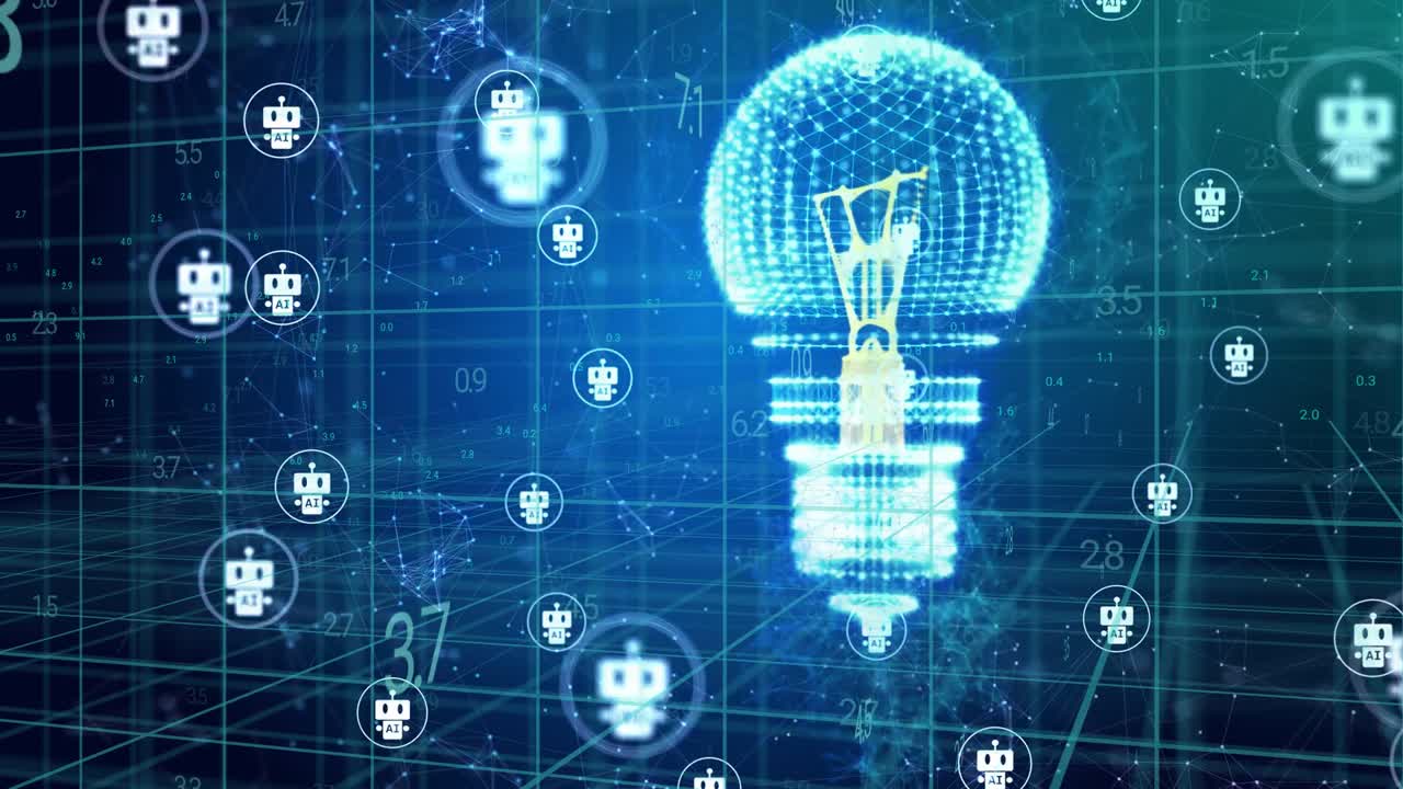 Vertikal video: Holo-pære stiger og drejer, mens robotikoner driver fra datapuls og viser dataflow