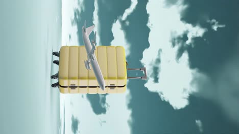 aeroplane flying in front of yellow suitcase, 3d render, animation, cloudy sky timelapse, travel, holiday background vertical