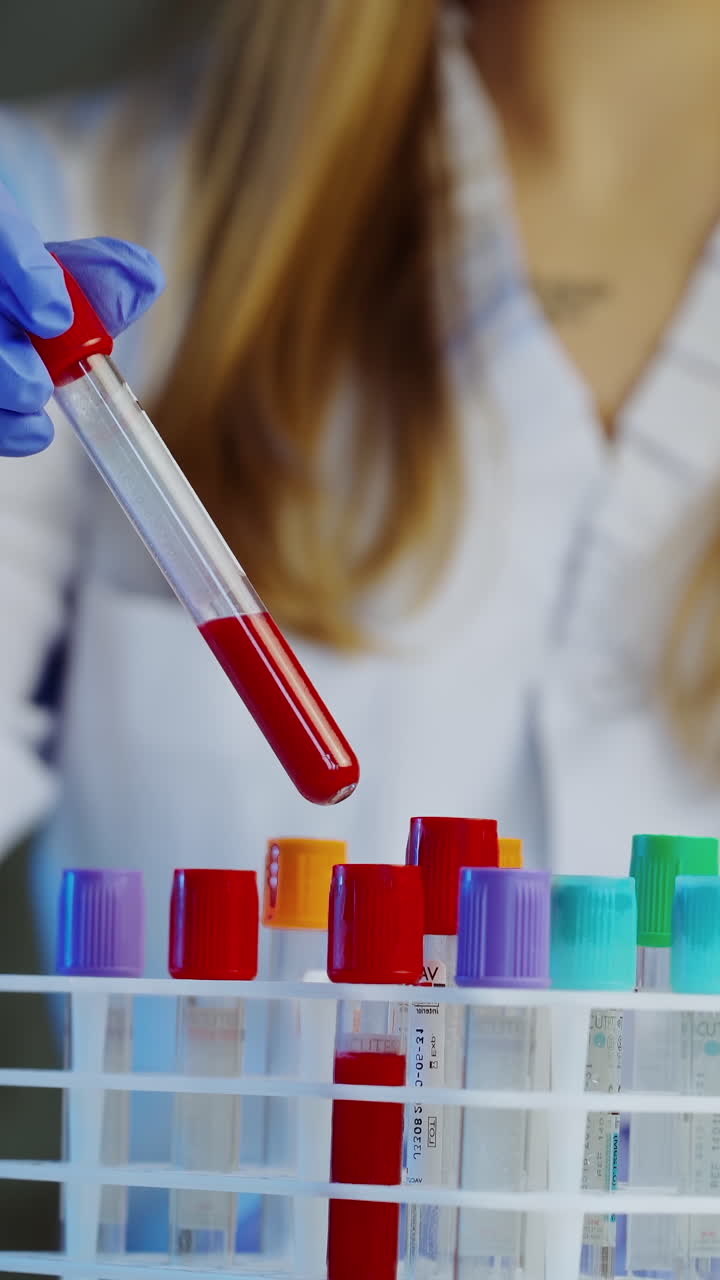 Blood sample tubes. Doctor hand taking a blood sample tube from a rack with machines of analysis in the lab