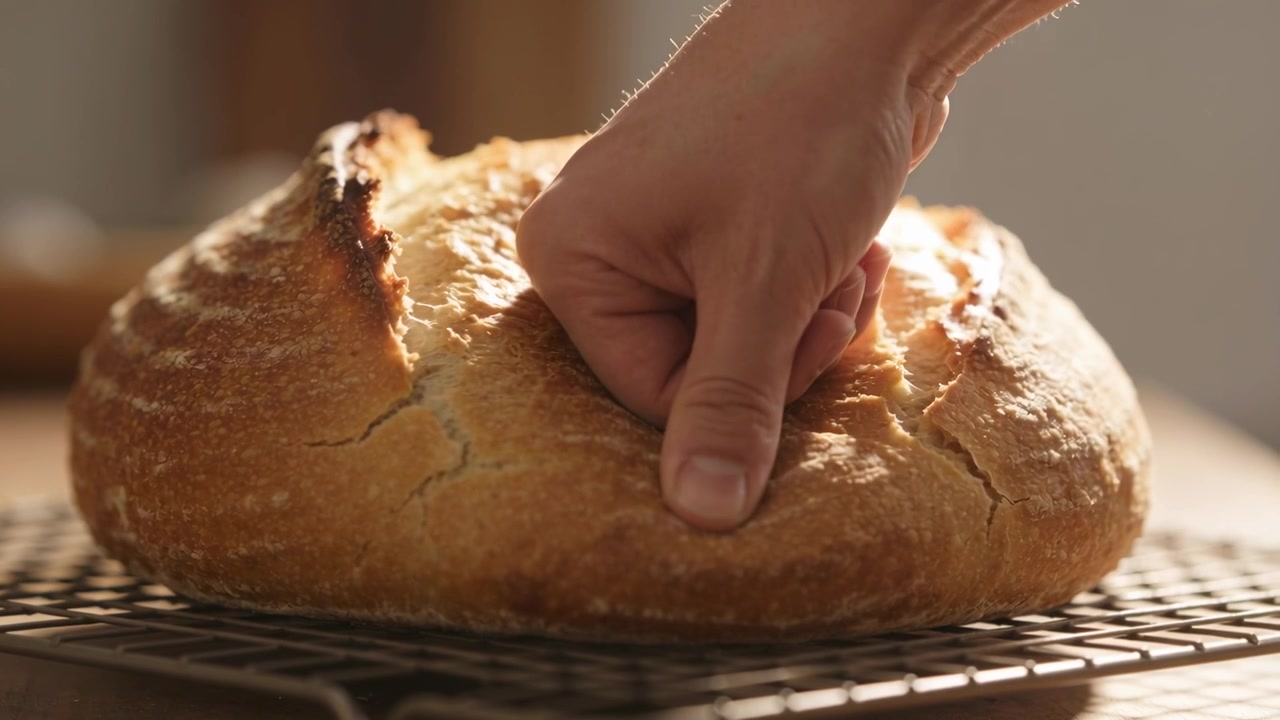 Mano destra e braccio nudo che si avvicinano e premono una pagnotta croccante su una griglia sul bancone della cucina per testarne la consistenza.