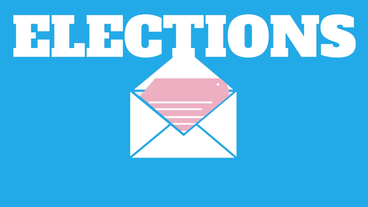 текстовая анимация выборов над конвертом с бюллетенем на синем фоне