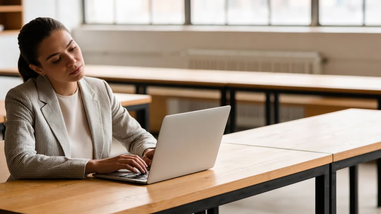Settling at seat, woman in pinstriped blazer typing on silver laptop at long wooden table, working