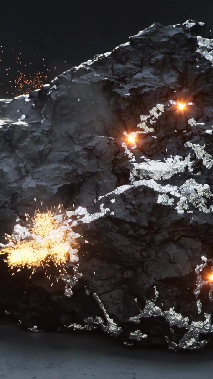 Video verticale: Scintille da una roccia scintillante in alto a sinistra che emette braci lungo venature argentate su una piattaforma.