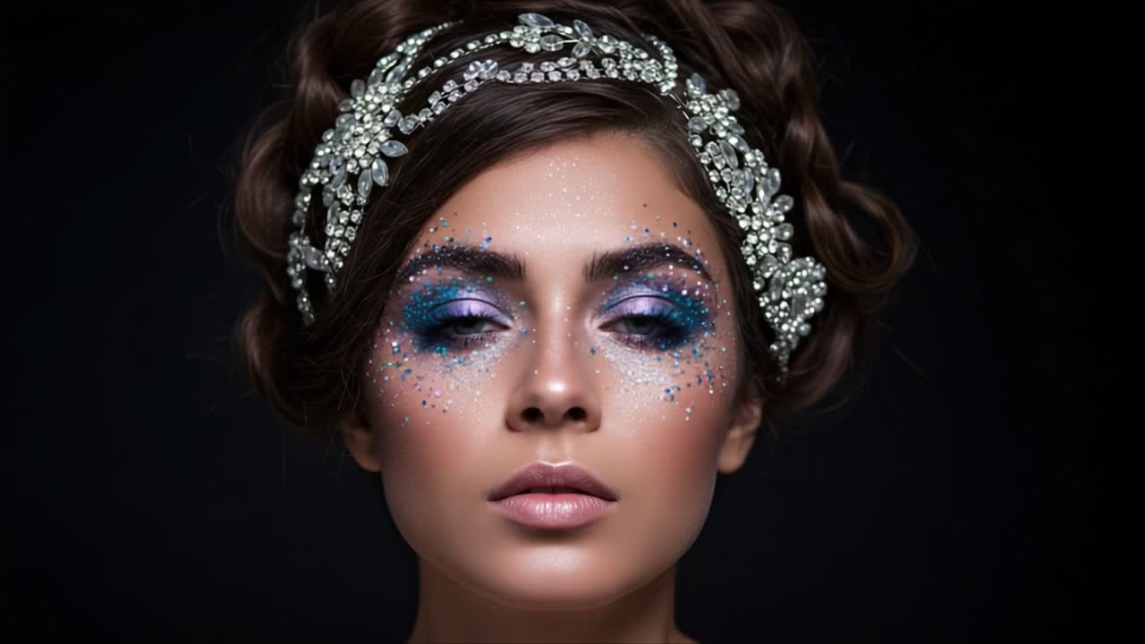 Captivating Beauty: A Close-Up of a Glamorous Model with Stunning Makeup and Elegant Accessories Capturing a Striking, Ethereal Look Against a Dark Background