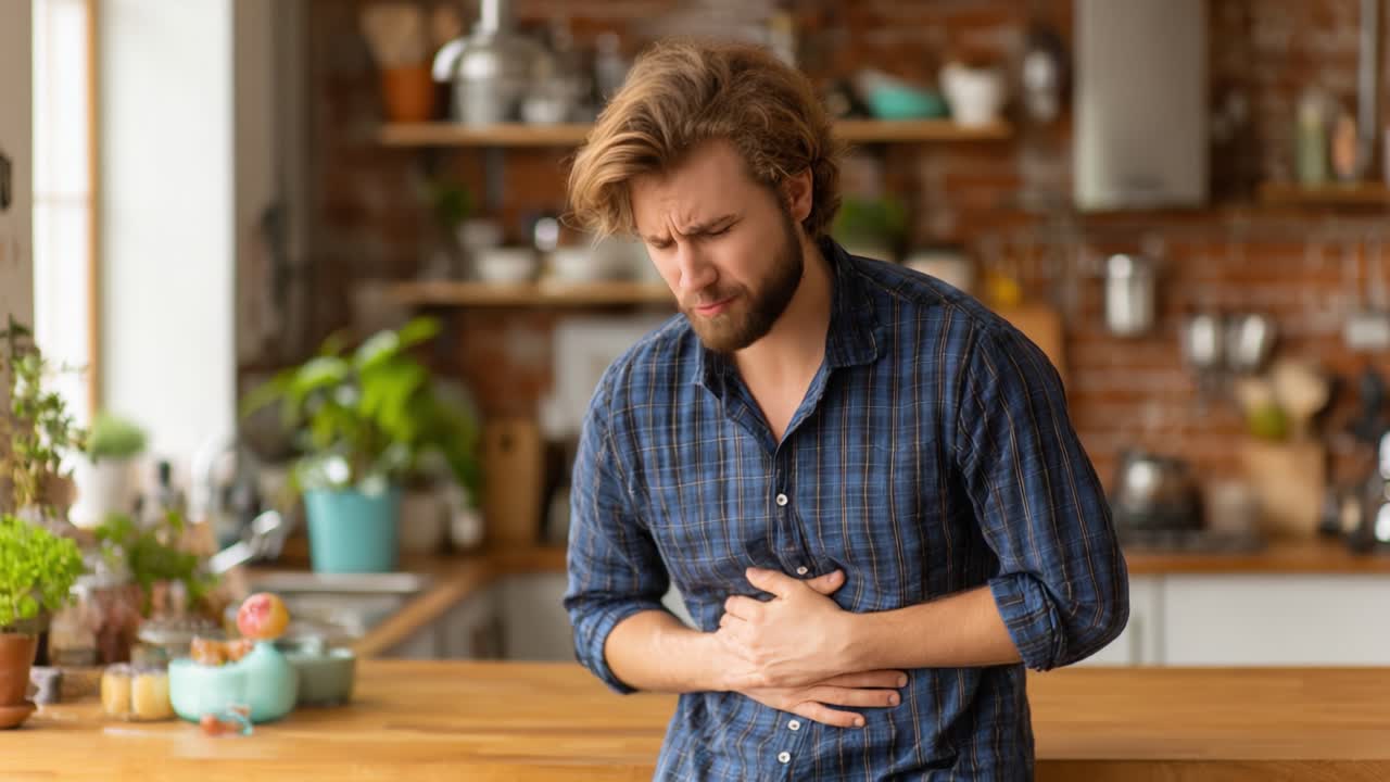 Un giovane uomo prova disagio in cucina, visibilmente angosciato mentre si stringe lo stomaco in una manifestazione emotiva di dolore e preoccupazione per la sua salute