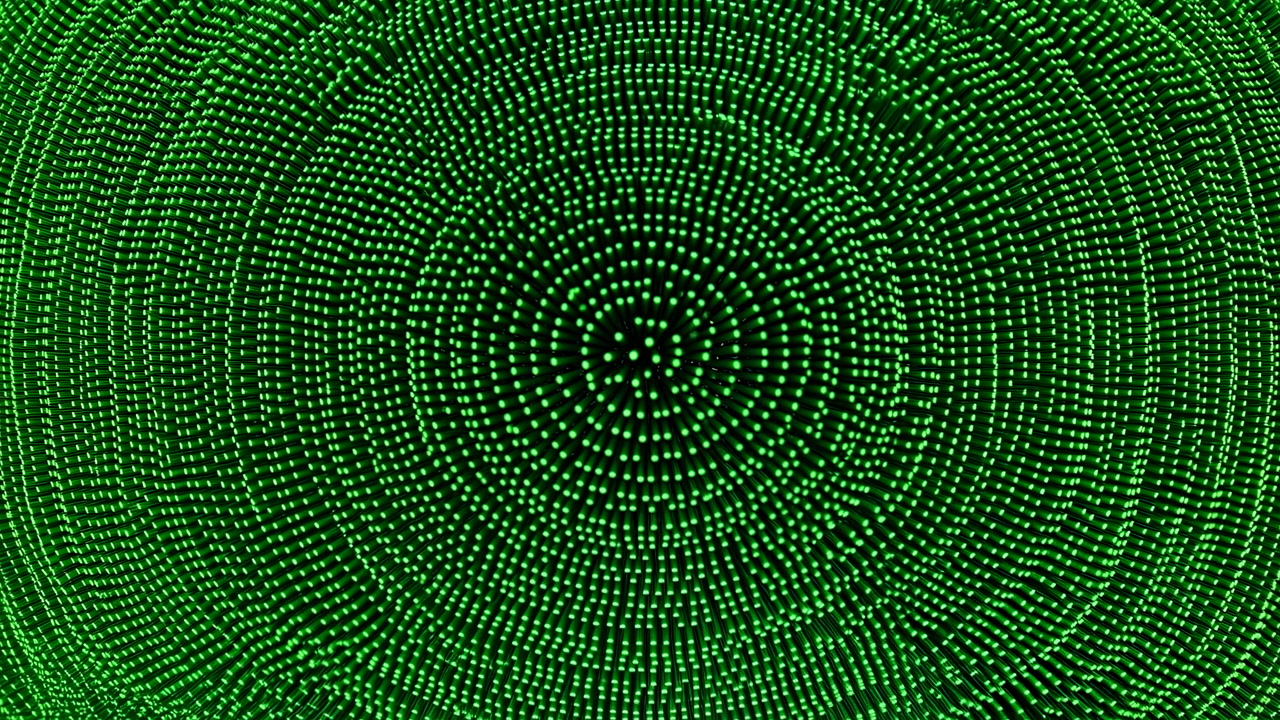 Green Digital Data Rings Pulsing Concentric Dots Form Spiraling Radarlike Pattern Hypnotic Motion