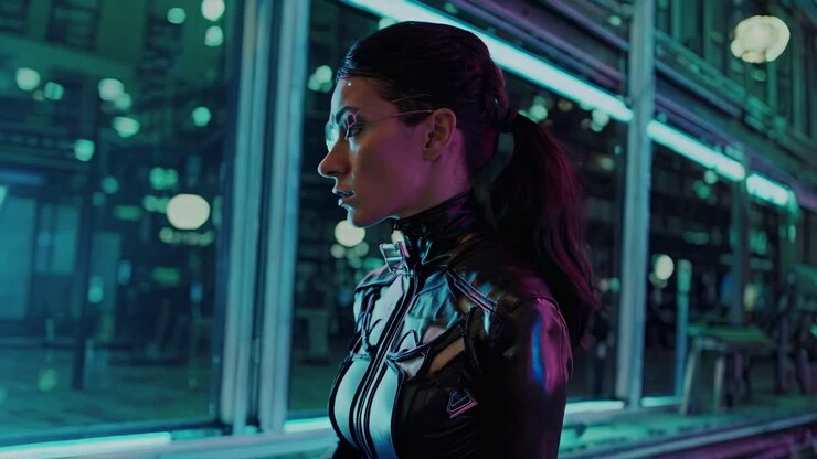 donna cyberpunk nella città del neon