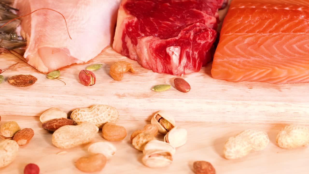 variedad de carnes y nueces expuestas en madera