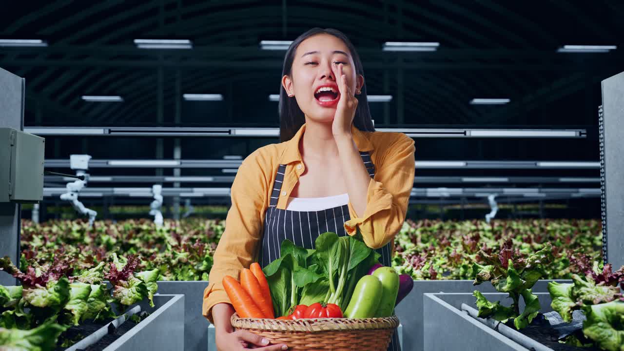 채소 바구니를 들고 있는 아시아 여성 농부 는 스마트  에서 고객 들 에게 전화 한다