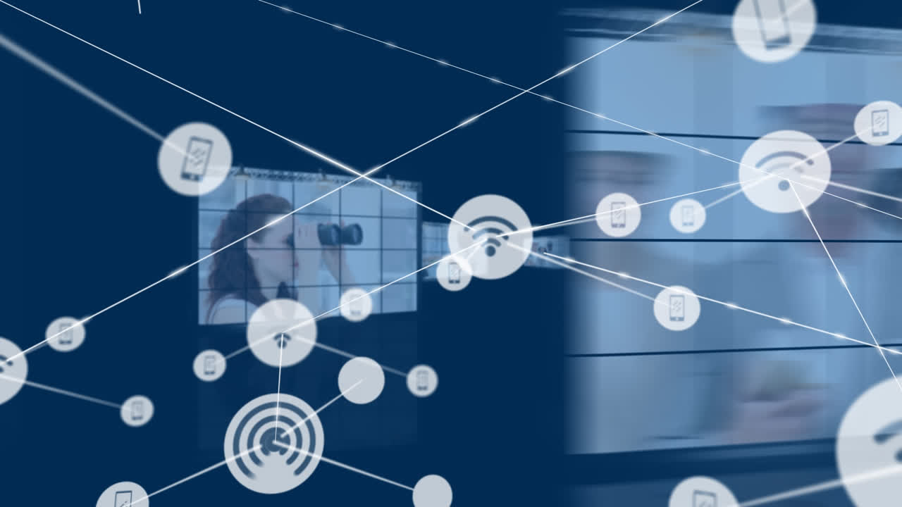 Animation of network of digital icons against multiple screens with business data processing
