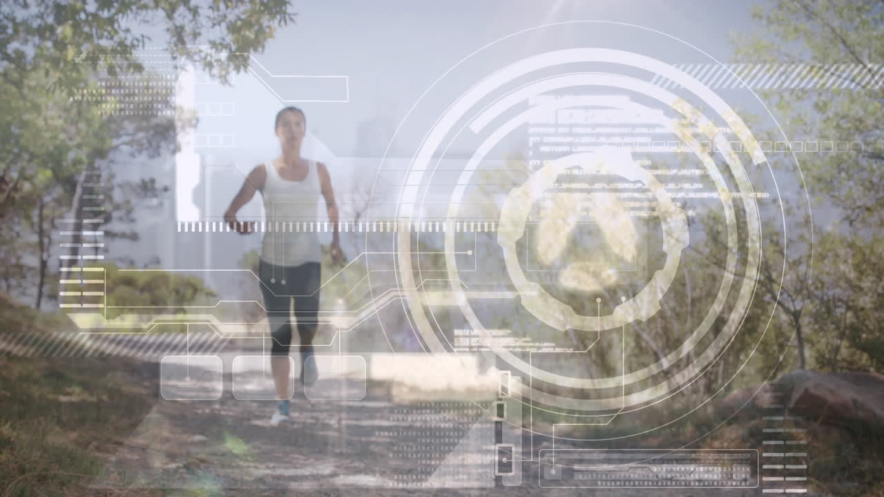 디지털 화면의 애니메이션과 데이터 프로세싱에 대한 적합한 여성 달리기