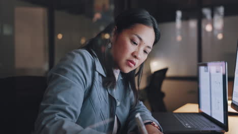 Woman,-writing-and-office-in-night