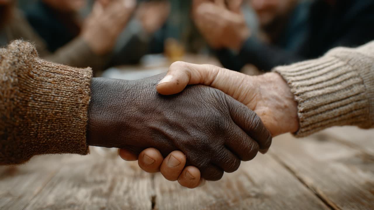 A powerful moment of unity captured as two hands, one dark and one light, clasp together in a firm handshake, symbolizing friendship, cooperation, and mutual respect amid a gathering