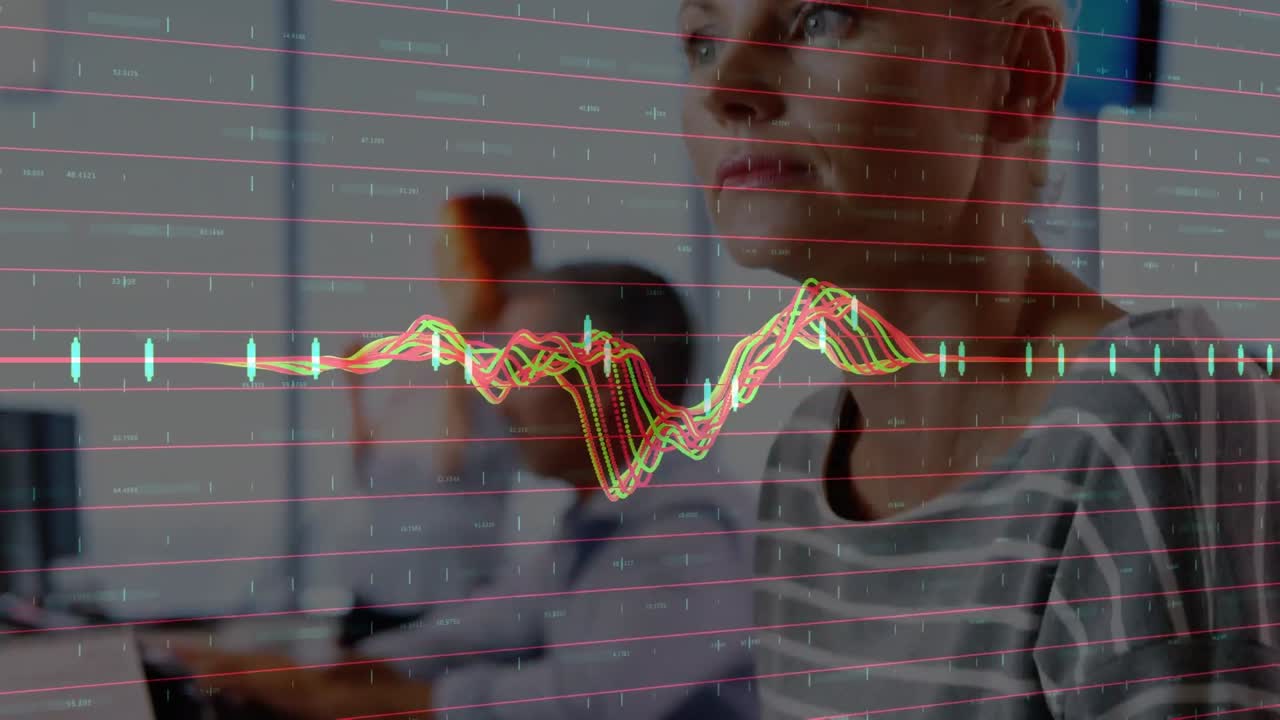 animación de gráficos financieros sobre una mujer caucásica que trabaja en una oficina