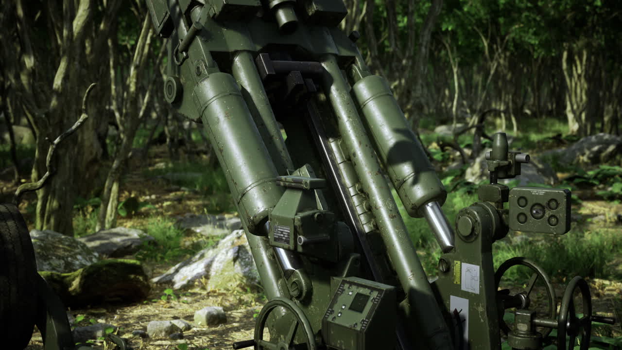 Military artillery set in dense forest for training exercise