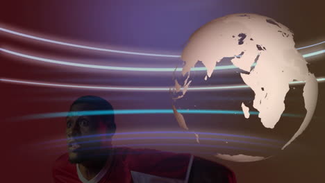 soccer player in action with digital globe and light trails animation