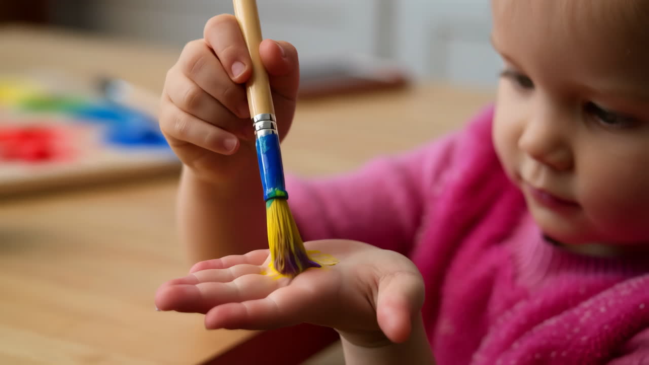 A young child painting their hand with a paintbrush