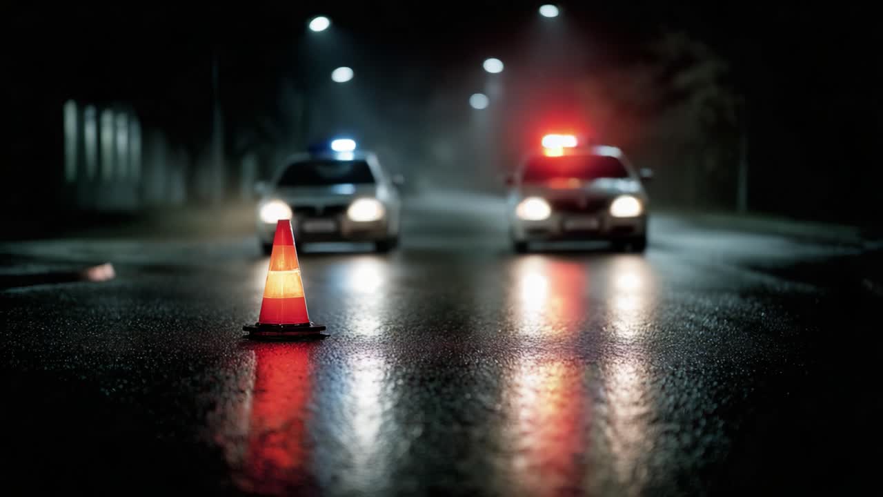 A Suspenseful Scene on a Rainy Night Featuring Police Cars and a Traffic Cone Illuminating a Wet Road, Capturing a Moment of Anticipation and Mystery