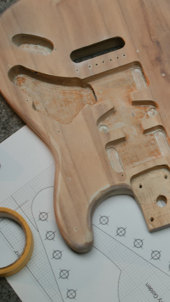 wooden Blank of Guitar Body Guitar Neck Blueprints and Tools Lie on the Table Wooden Blank of Guitar Body Guitar Neck Blueprints Tools for Manufacturing and Laptop Lie on the Table Modern Workshop for Musical Instruments Making Concept of Handicraft and Small Business