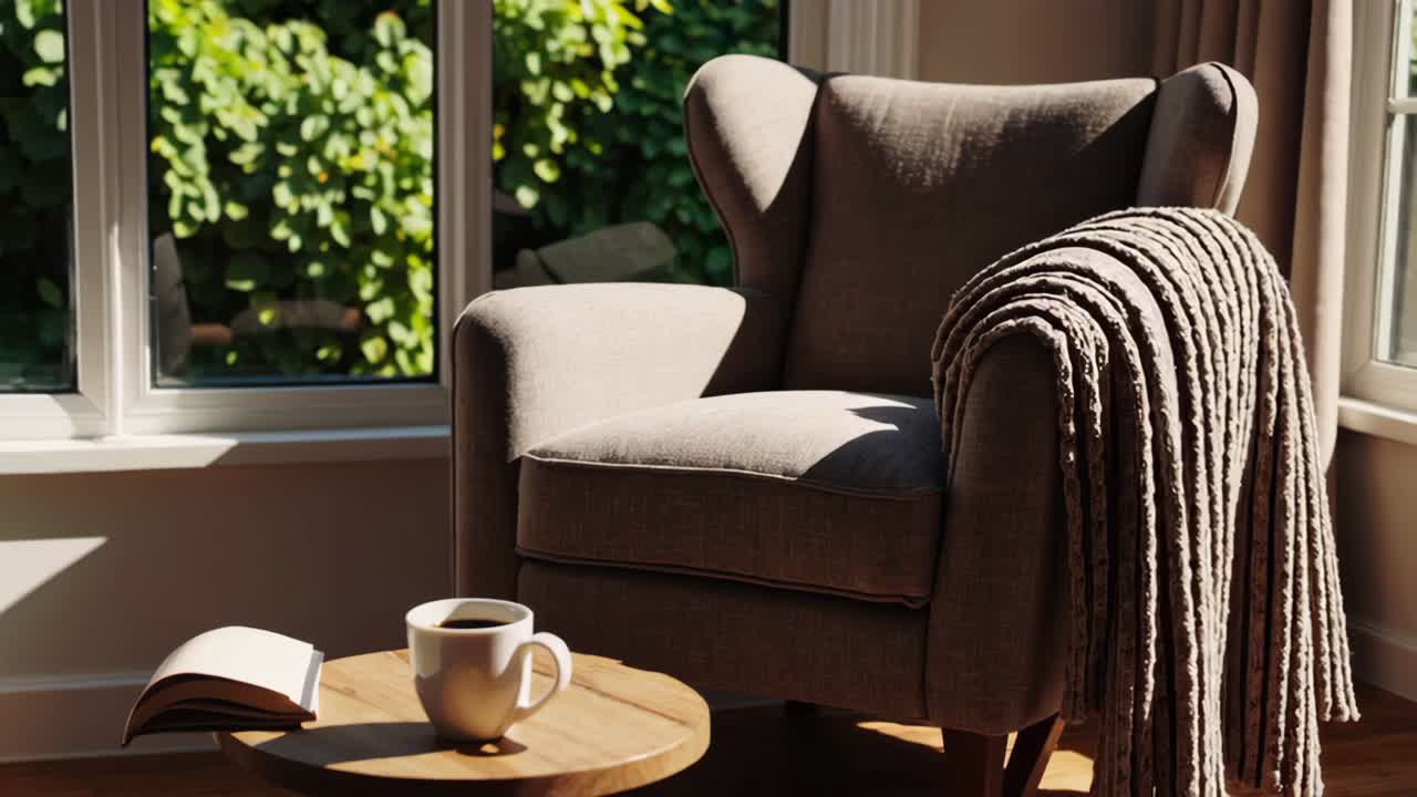 커피와 책이 있는 창문 의 쾌적한 의자