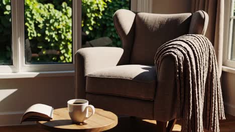 cozy armchair by the window with coffee and a book