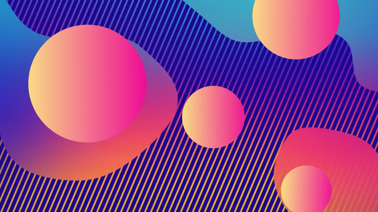 Animation of multiple abstract shapes and circles moving in hypnotic motion on striped background