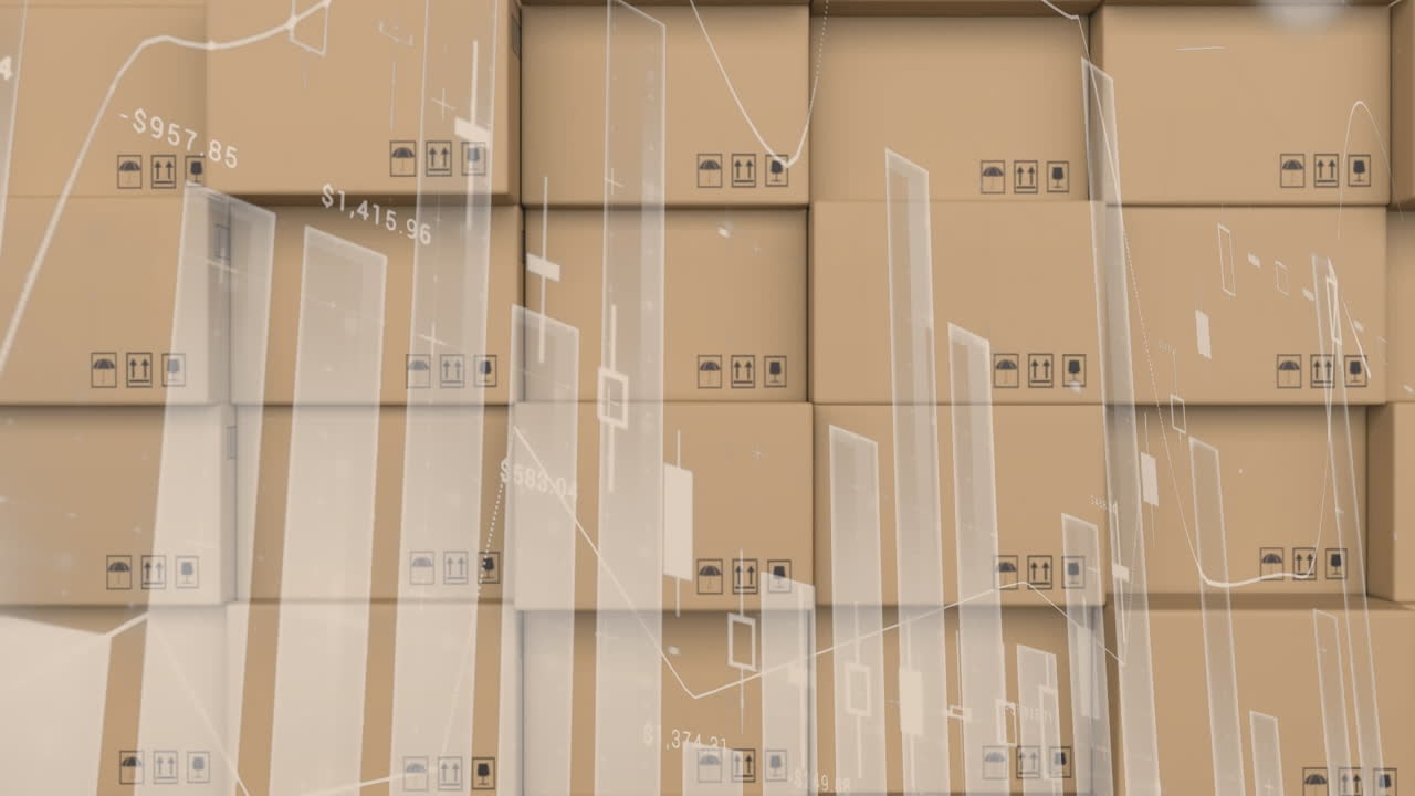 procesamiento de datos estadísticos contra la pila de cajas de entrega en el almacén