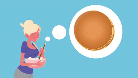 mujer rubia cocinando receta de cocina animación