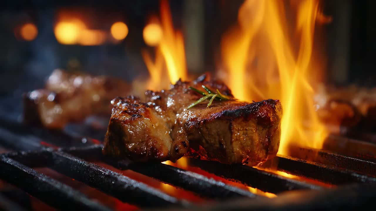 Sizzling Grilled Meat Over Charcoal Flames: A Captivating Close-Up of Juicy Pork Chops with Fresh Rosemary, Perfectly Cooked to Perfection, Offering An Inviting Aroma and Luscious Appearance