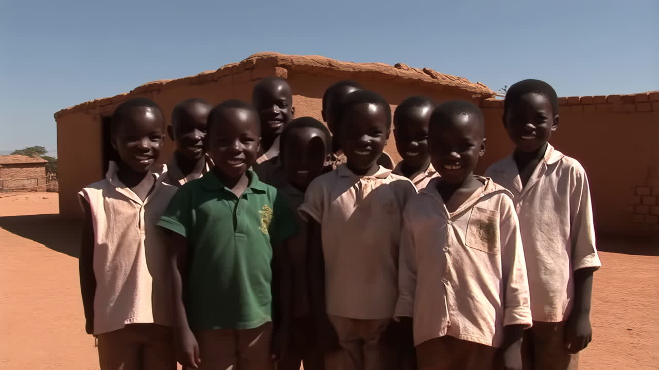 Group of Happy Children Waving in a Rural Village