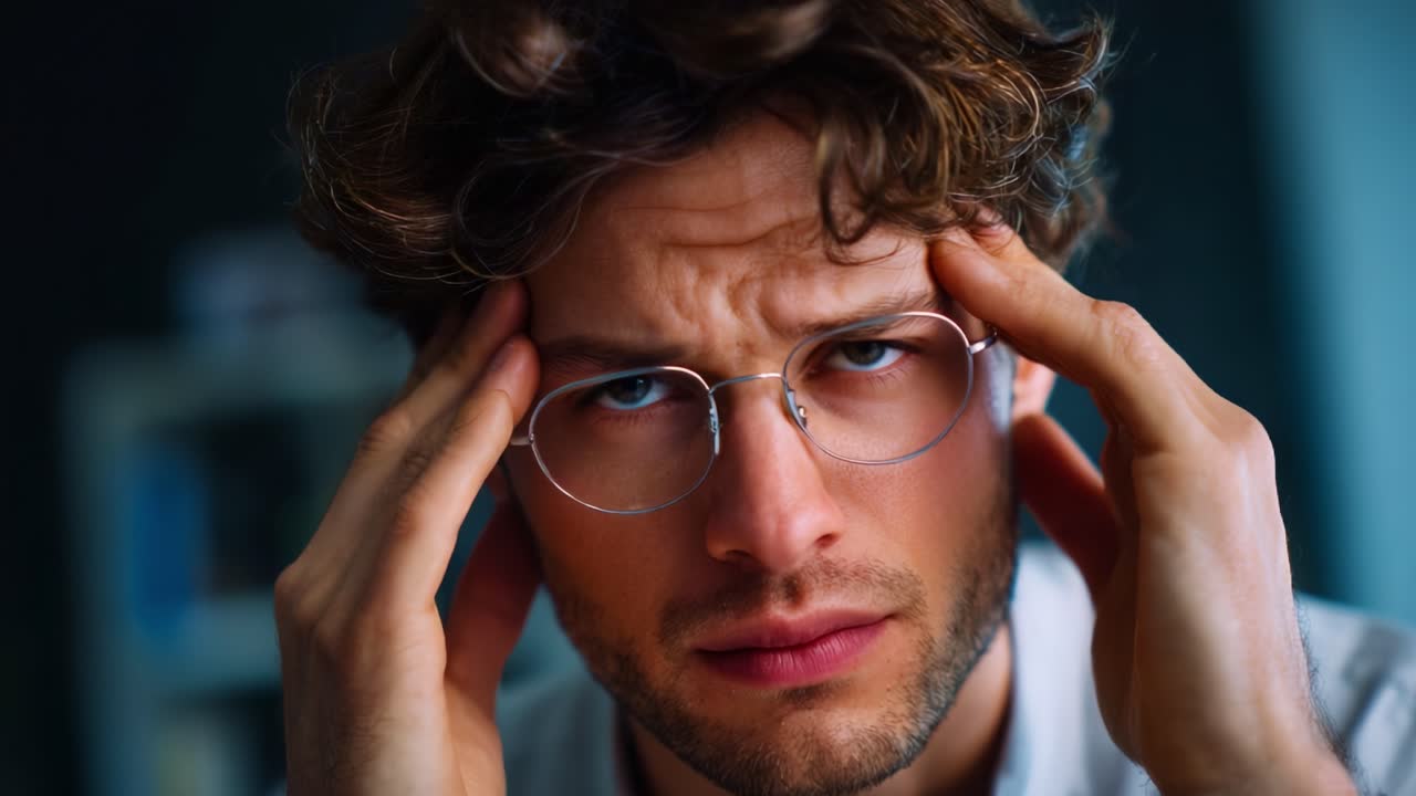 A young man displays signs of stress and frustration, gripping his temples and conveying emotional turmoil through his expressive facial features and body language