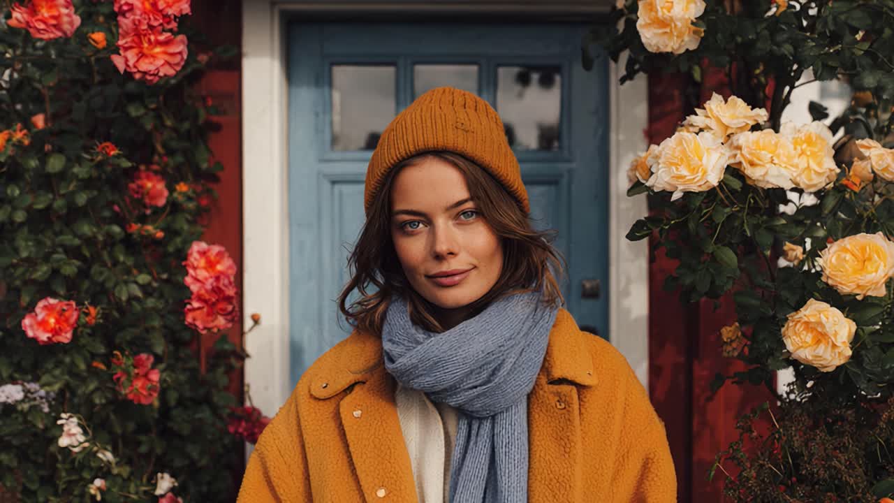A Stylish Woman Posing in Front of a Colorful Flower-Embellished Doorway, Radiating Warmth and Charm in a Cozy Autumn Outfit with a Knit Beanie and Scarf