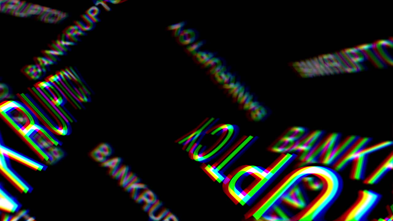 BANKRUPTCY Fly Through 3D Text Keyword Animation. Abstract Concept with Black Background. RGB Chromatic Aberration. Financial Ruin Crisis