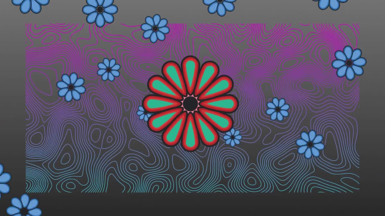 animación de cabeza de flor roja y verde, con flores azules flotantes en fondo gris