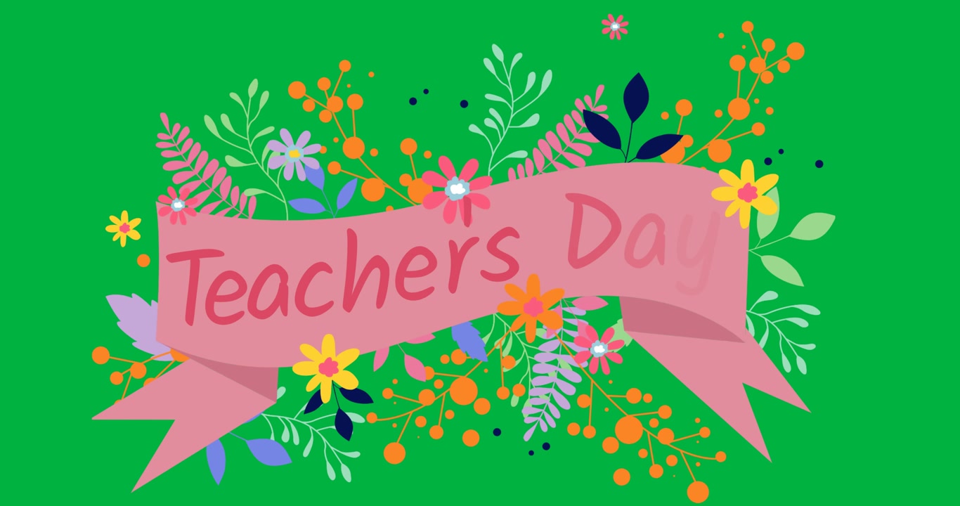 Digital animation of teachers day text over pink ribbon banner and floral design on black background