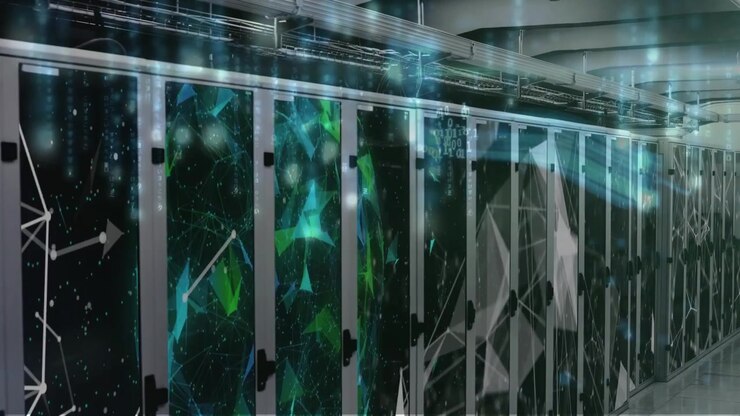 Animation of shapes and connections moving over servers