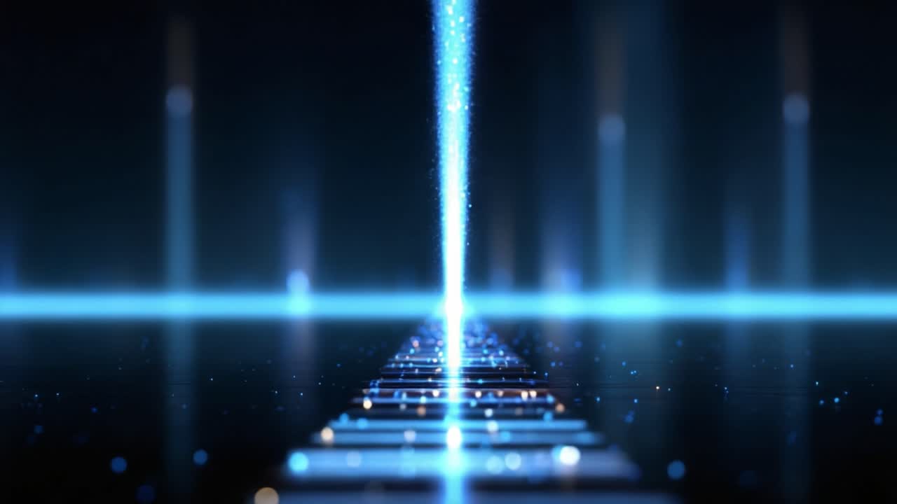 A mesmerizing display of glowing particles streaming upward amidst a backdrop of a sleek, modern surface that reflects shimmering light and depth