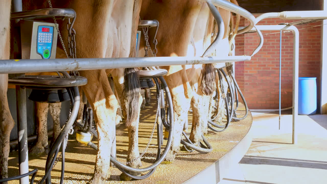 Telephoto view of dairy cows on rotary milking parlour carousel