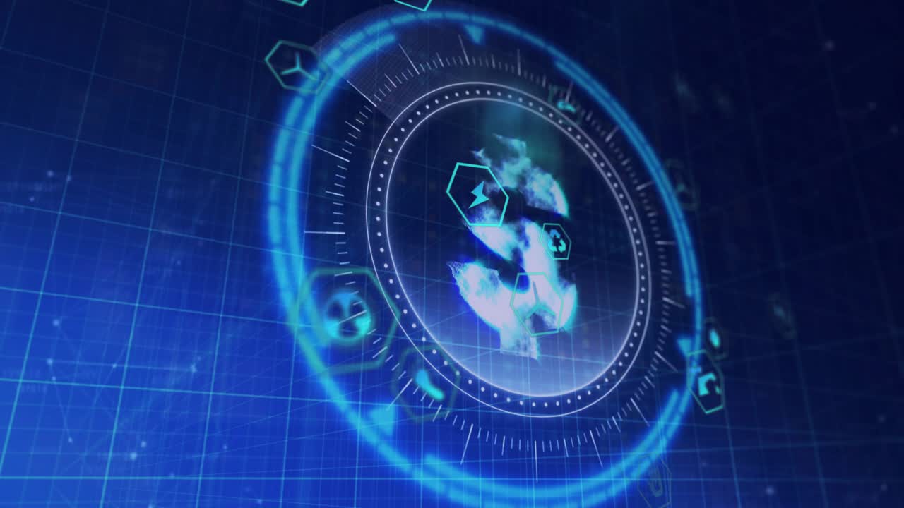 HUD tilting, plume extending, ring rotating and hex icons orbiting, visualizing energy flow