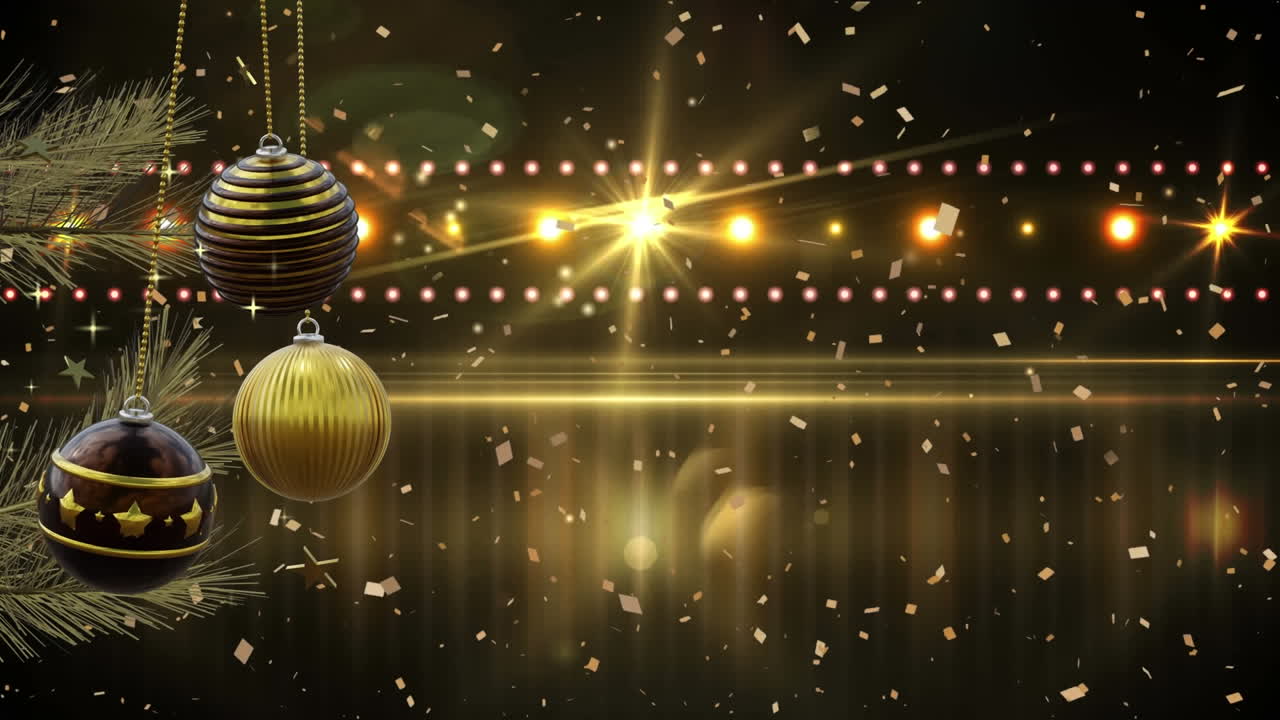 Swinging black and gold christmas baubles, twinkling lights and falling confetti on dark background