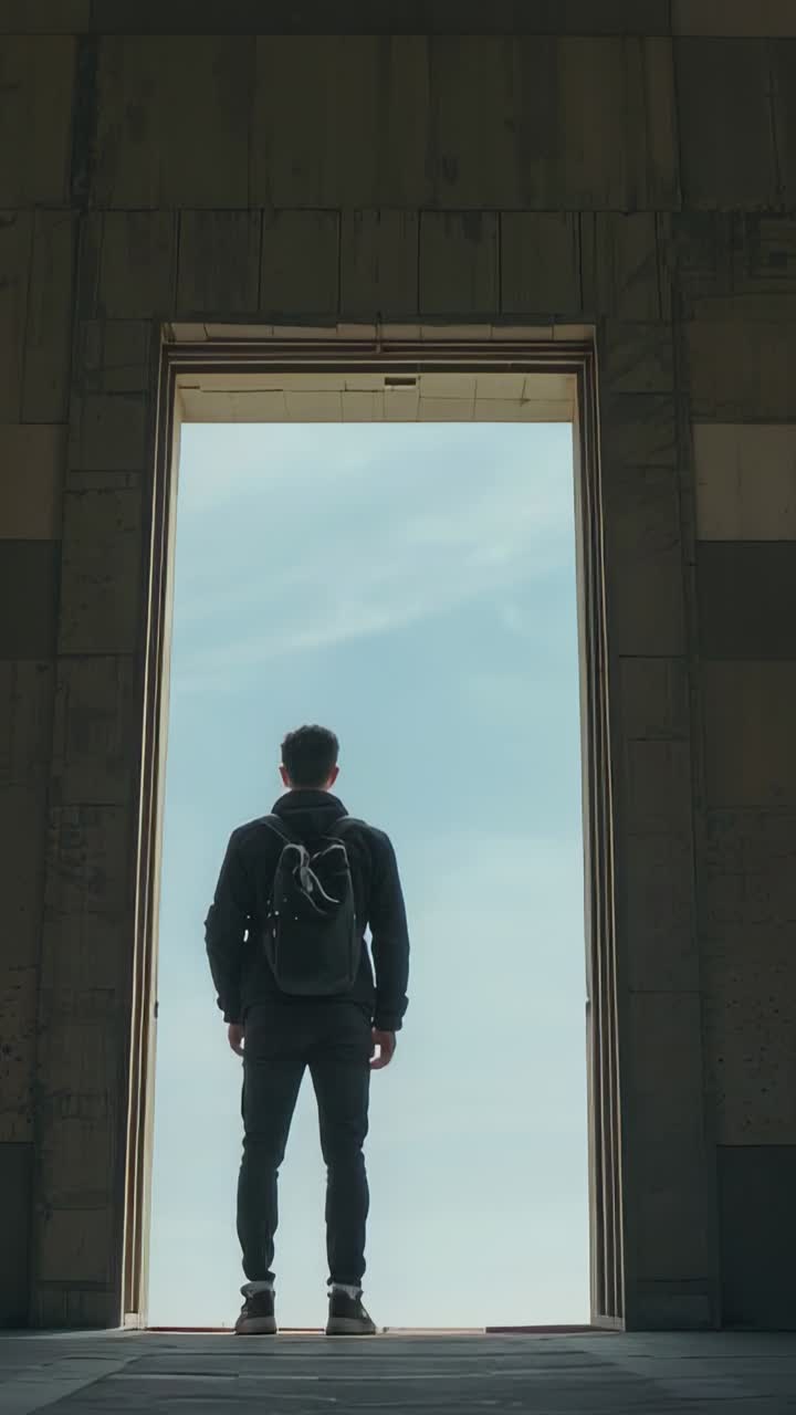 Vídeo vertical: plano que empieza encuadrando a un hombre con chaqueta oscura en una puerta mirando al cielo, con una mochila