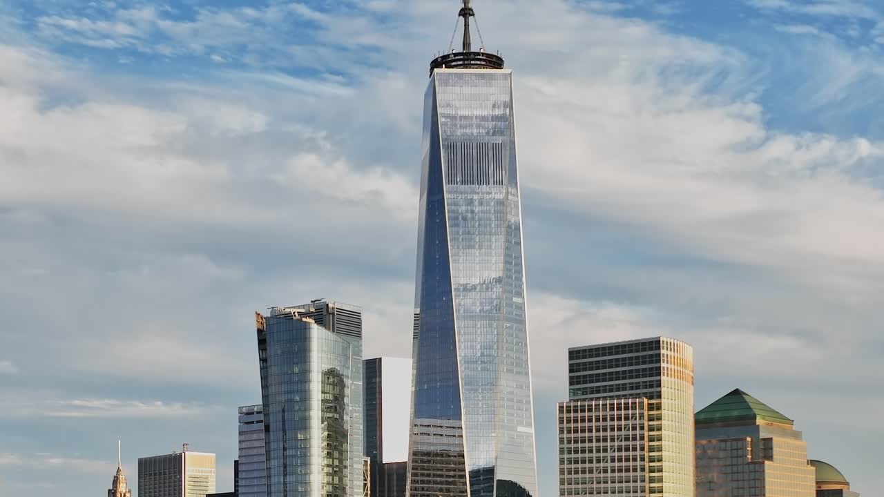 Drone view of New York City skyline featuring One World Trade Center