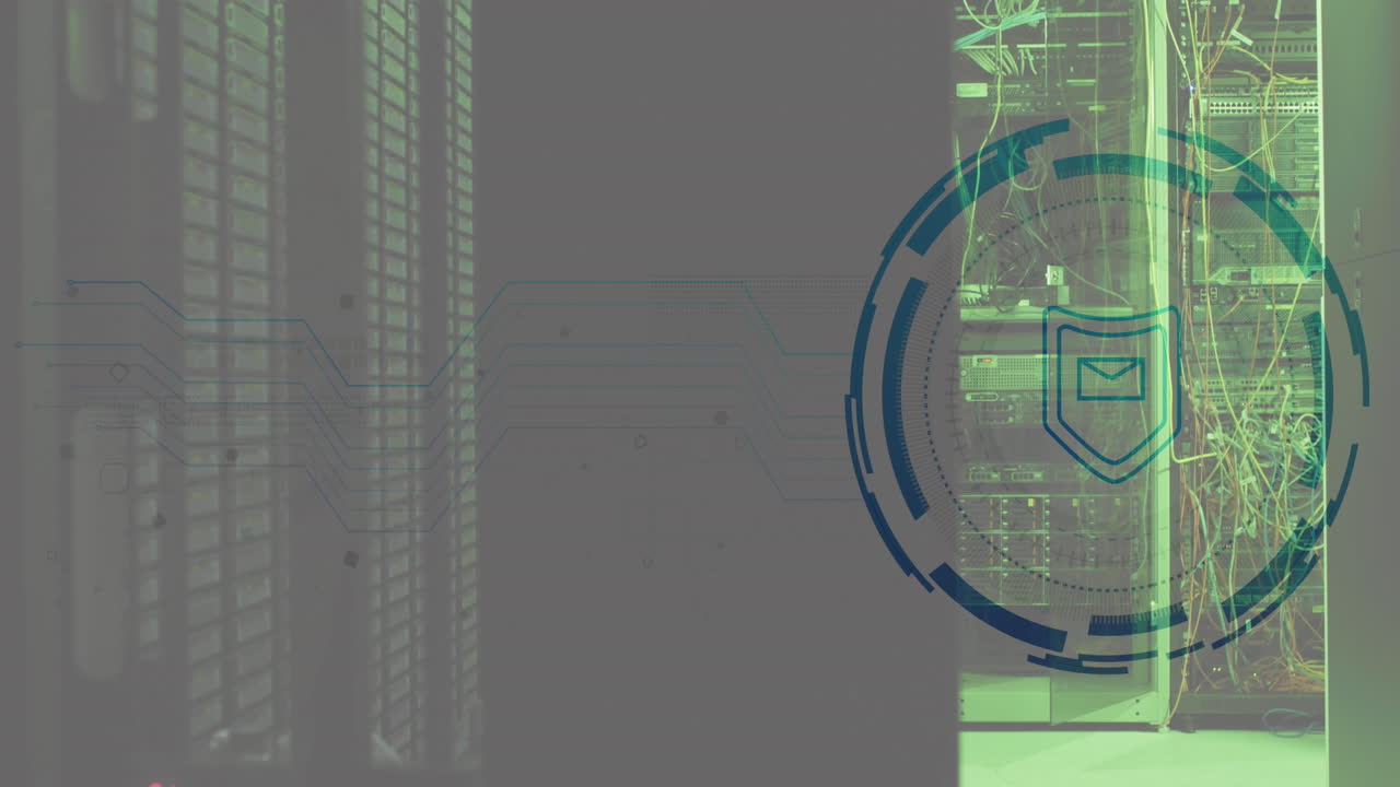 Animation of envelope and shield in loading circles, illuminated data server racks in server room