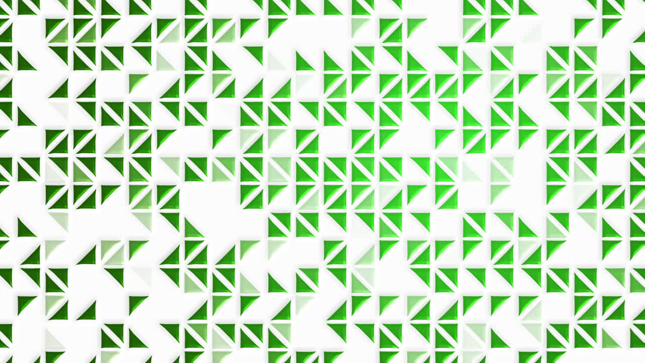 Composición geométrica abstracta de triángulos verdes brillantes y blancos con sombras sutiles que crean un efecto tridimensional en relieve. Animación en bucle